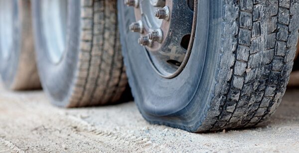 Closeup of a flat tire on a tractor trailer