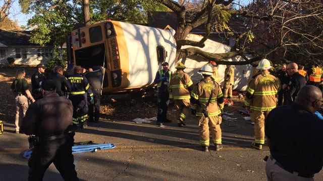 A photo shows first responders to the 2016 Chattanooga school bus crash in Tennessee, which attorney Joe Fried was lead counsel in the lawsuit against the bus driver for negligent driving.
