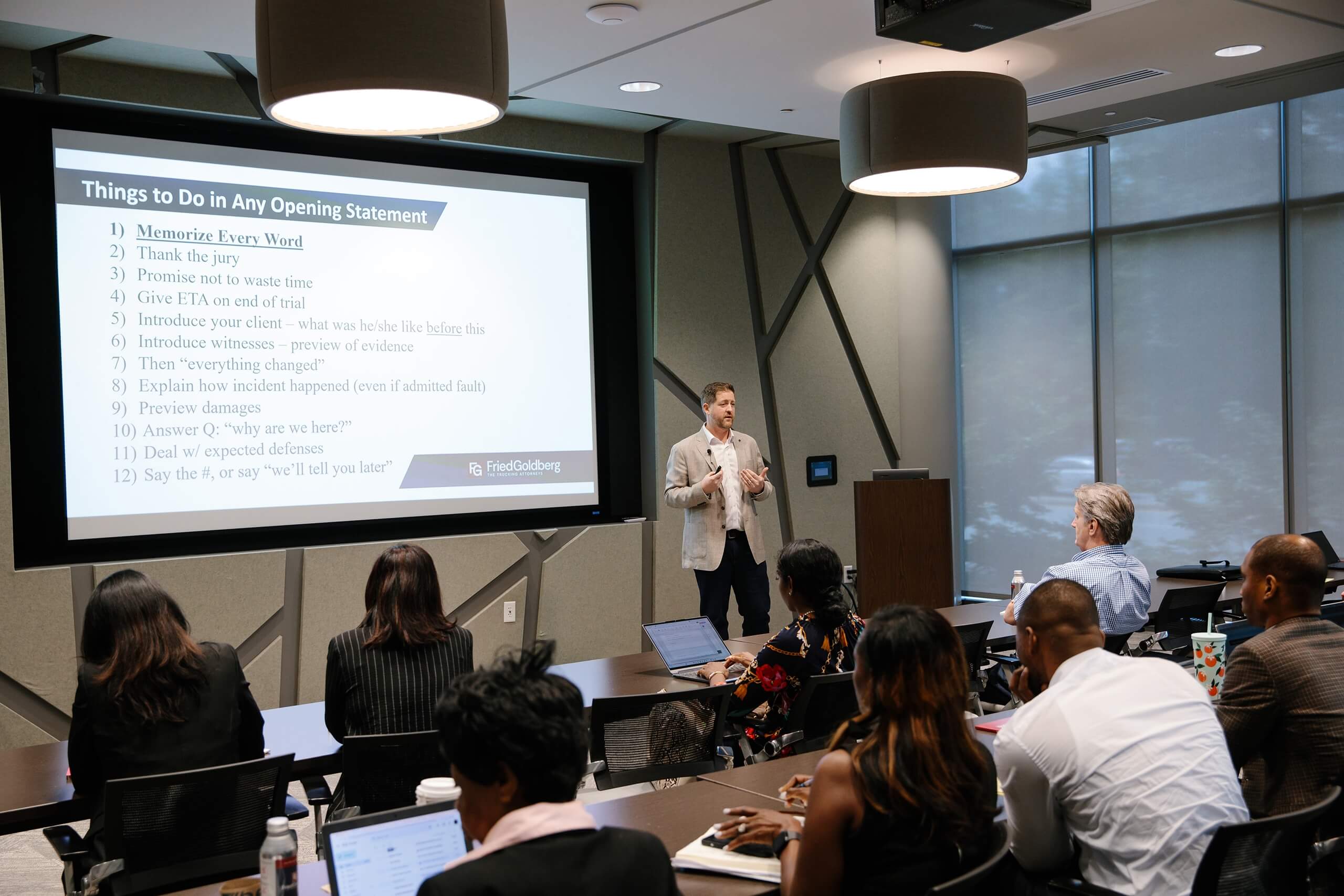 Attorney Michael Goldberg reviews opening statement techniques with attendees at Trial Skills Clinic 2025.