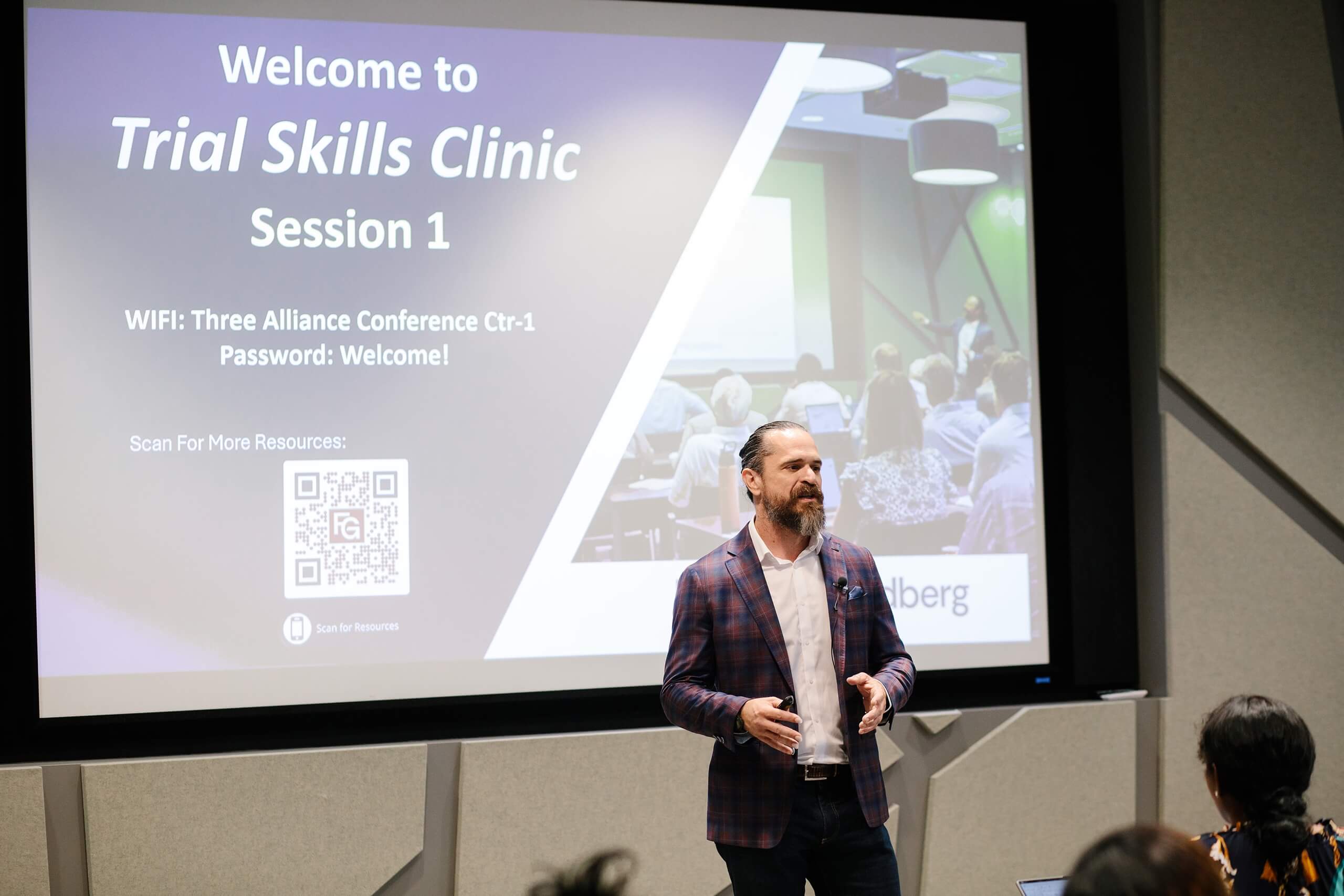 Attorney Nathan Gaffney welcomes attendees to Session 1 of Trial Skills Clinic 2025.