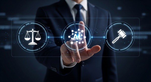 A lawyer in a dark suit and tie points toward a glowing digital interface. The interface features three circular icons: a set of scales representing justice, a central "AI" network node, and a judge's gavel, all connected by digital lines to represent the integration of artificial intelligence in the legal field. (1855243668)