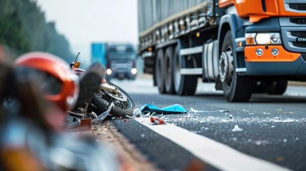 A motorcycle lying on its side on the edge of a highway with debris and shattered glass scattered across the asphalt next to a large orange semi-truck. (819805766)