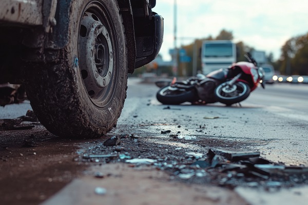 Close-up of a large truck tire with a crashed motorcycle lying on its side in the background amid scattered debris on the road. (1226598757)