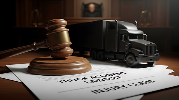 A wooden judge's gavel rests on a stack of legal documents labeled "TRUCK ACCIDENT LAWSUIT" and "INJURY CLAIM." Next to the gavel is a miniature model of a black semi-truck, all set against the backdrop of a dark, blurred courtroom. (1870717342)