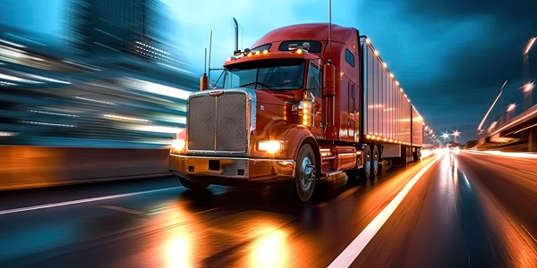 A red semi-trailer truck is speeding down a wet highway at night, with long streaks of light indicating high velocity and surrounding traffic. (715396535)