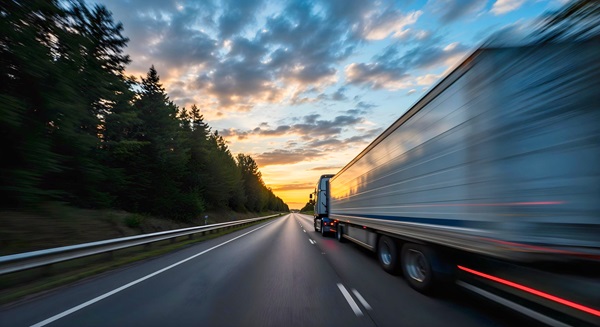A white and blue semi-truck speeds down the highway during a vibrant sunset. (1569576680)