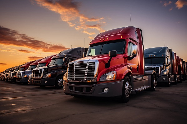 A fleet of semi-trucks parked in a row in a parking lot at sunset. (793200458)