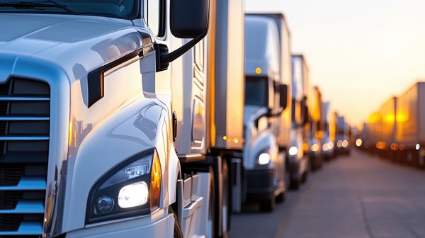 
A long line of white semi-trucks parked closely together in a row at a depot, with their headlights reflecting the warm glow of a setting sun. (990341447)